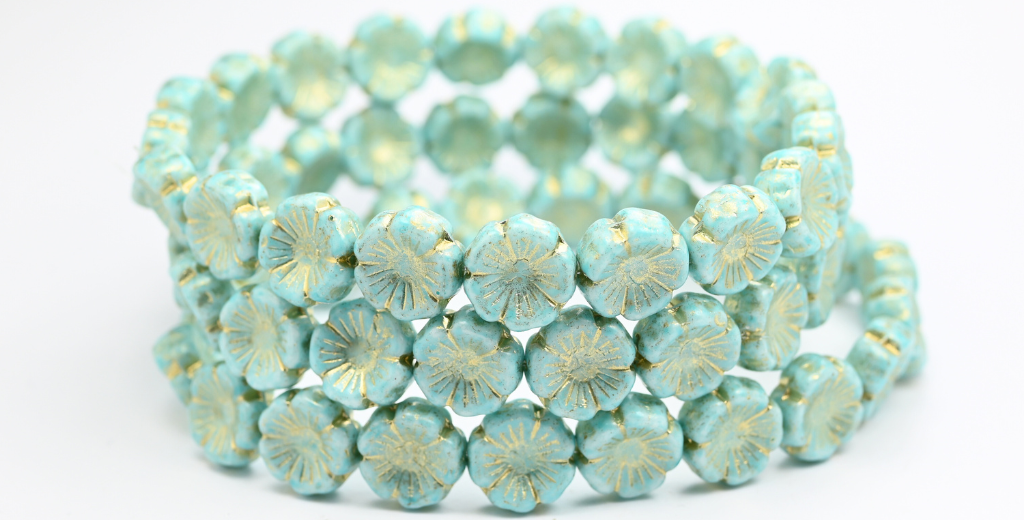 Hawaii Flower Pressed Glass Beads, White Light Aqua Blue Gold Lined (02010-34308-54202), Glass, Czech Republic ~ STRANDED