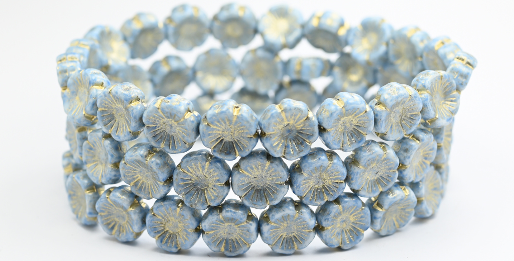 Hawaii Flower Pressed Glass Beads, White Light Blue Gold Lined (02010-34307-54202), Glass, Czech Republic ~ STRANDED