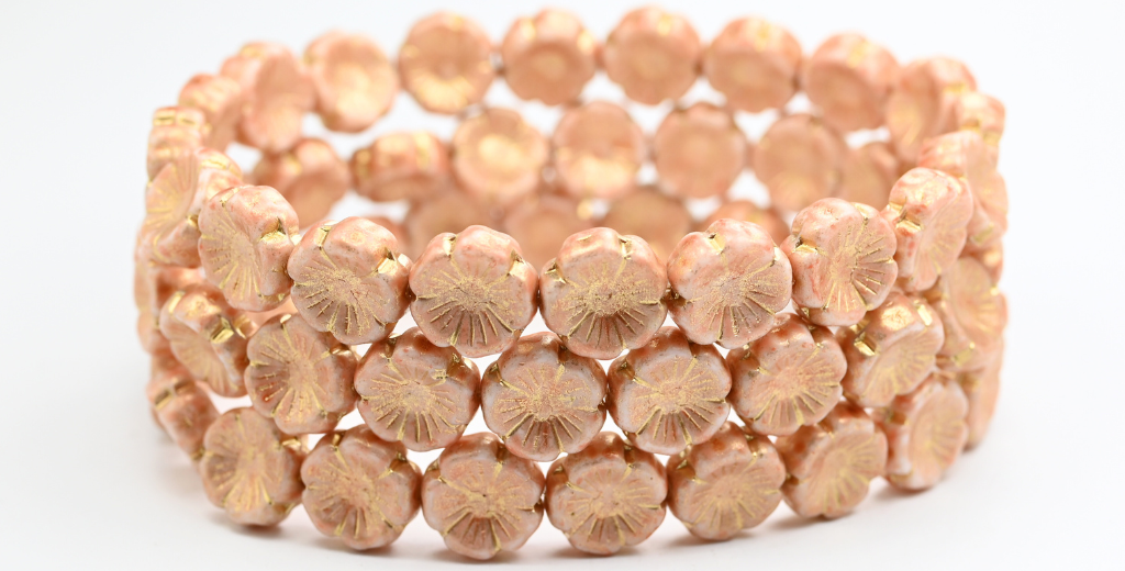 Hawaii Flower Pressed Glass Beads, White Light Pink Peach Gold Lined (02010-34305-54202), Glass, Czech Republic ~ STRANDED