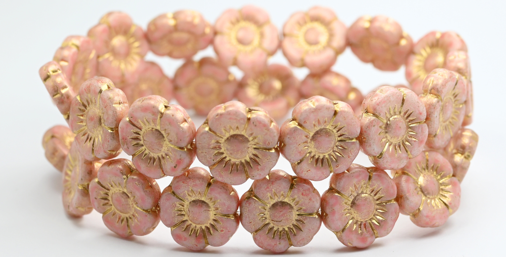 Round Flat Flower Pressed Glass Beads, White Light Pink Gold Lined (02010-34304-54202), Glass, Czech Republic ~ STRANDED