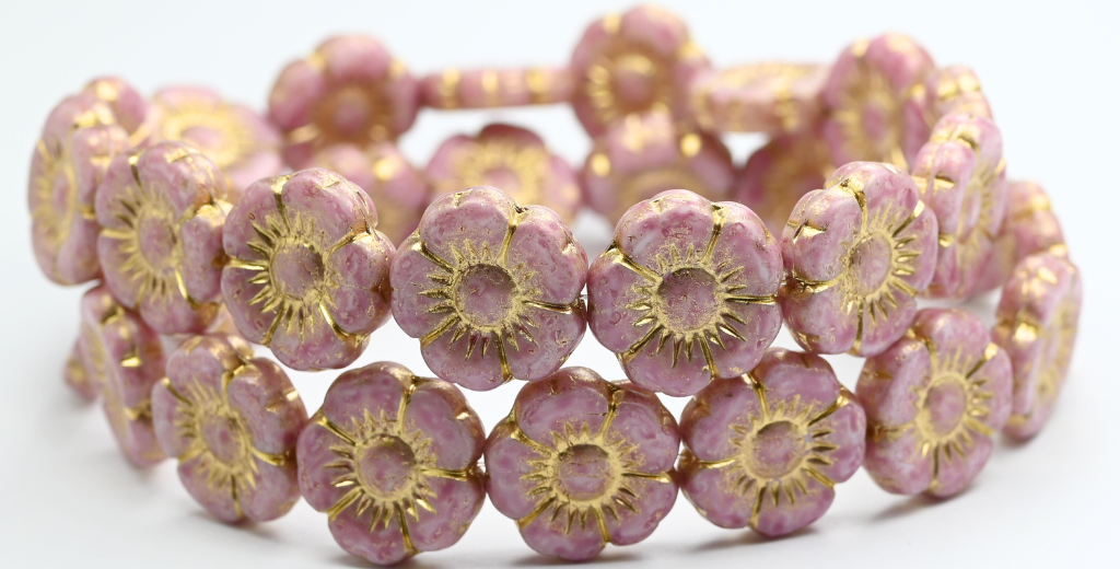 Round Flat Flower Pressed Glass Beads, White Light Fuchsia Pink Gold Lined (02010-34306-54202), Glass, Czech Republic ~ STRANDED