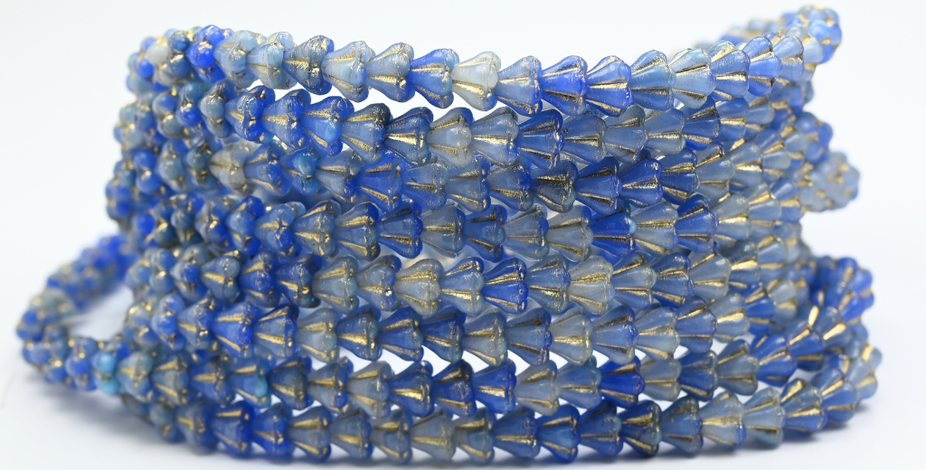 Bell Flower Pressed Glass Beads, Blue Mixed Glass Gold Lined (07324-54202), Glass, Czech Republic ~ STRANDED