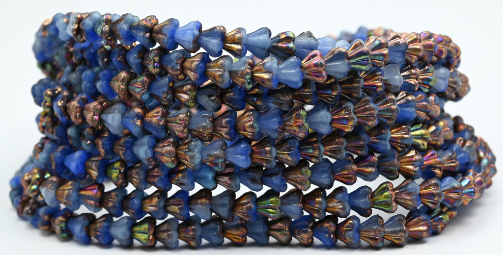 Bell Flower Pressed Glass Beads, Blue Mixed Glass Vitex (07324-VITEX), Glass, Czech Republic ~ STRANDED