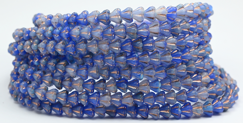 Bell Flower Pressed Glass Beads, Blue Mixed Glass Copper Lined (07324-54200), Glass, Czech Republic ~ STRANDED