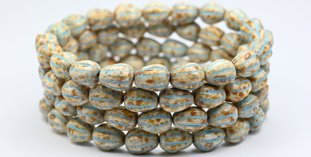 Drop Melon Beads, White Travertin Light Blue Lined (119-02010-86-54308), Glass, Czech Republic ~ STRANDED