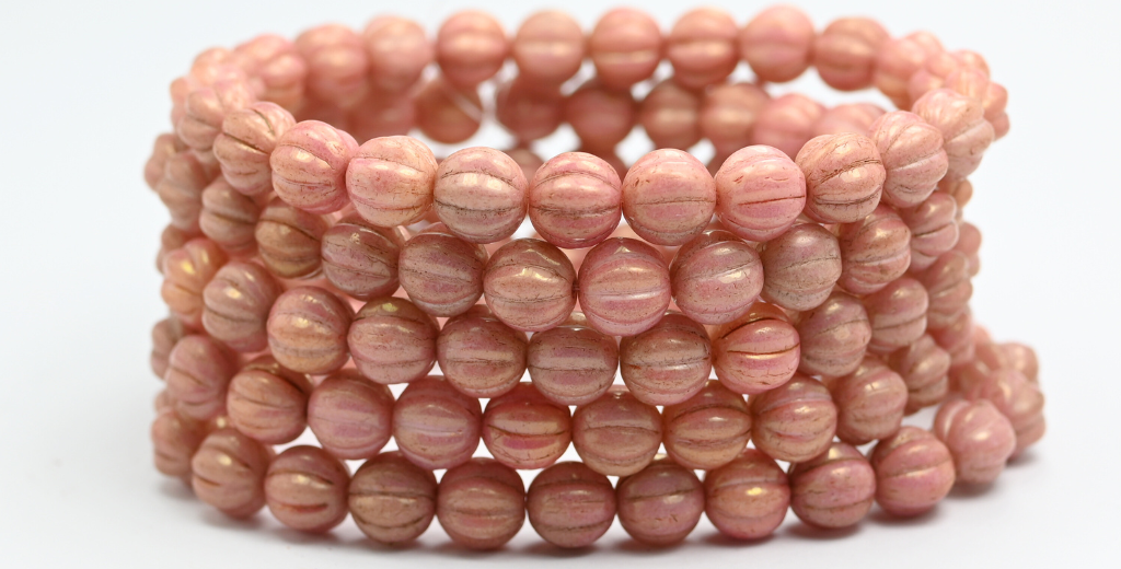 Melon Round Pressed Glass Beads With Stripes, White Luster Red Full Coated (8-02010-14495), Glass, Czech Republic ~ STRANDED