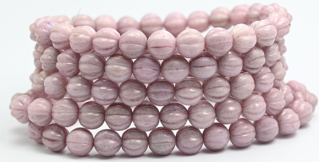 Melon Round Pressed Glass Beads With Stripes, White Luster Lila (8-02010-14494), Glass, Czech Republic ~ STRANDED