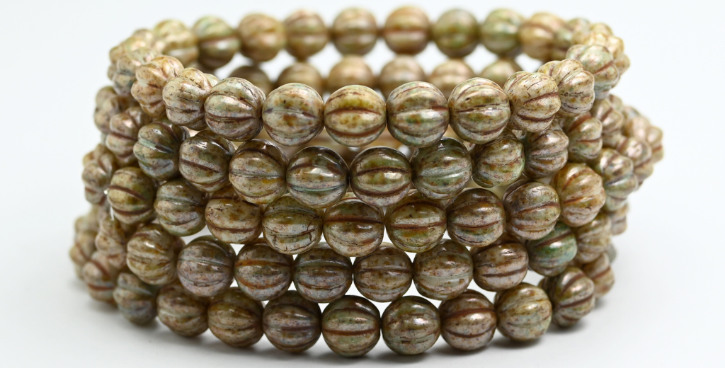 Melon Round Pressed Glass Beads With Stripes, White Senegal Green (8-02010-15657), Glass, Czech Republic ~ STRANDED