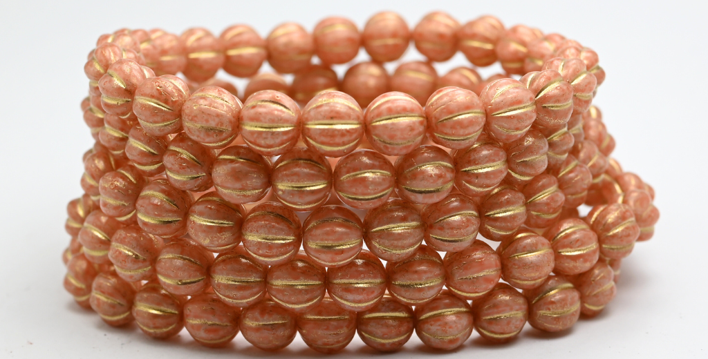 Melon Round Pressed Glass Beads With Stripes, White Light Pink Peach Gold Lined (8-02010-34305-54202), Glass, Czech Republic ~ STRANDED