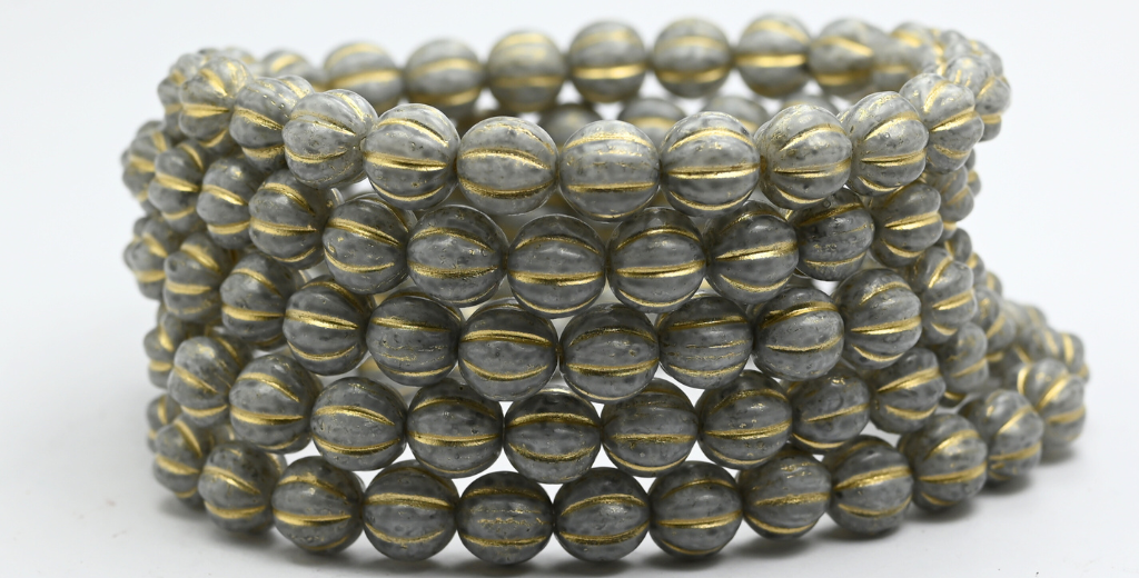 Melon Round Pressed Glass Beads With Stripes, White Light Gray Gold Lined (8-02010-34311-54202), Glass, Czech Republic ~ STRANDED