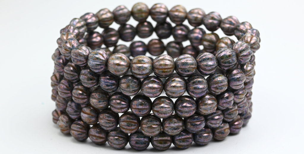 Melon Round Pressed Glass Beads With Stripes, White Senegal Blue (8-02010-15664), Glass, Czech Republic ~ STRANDED