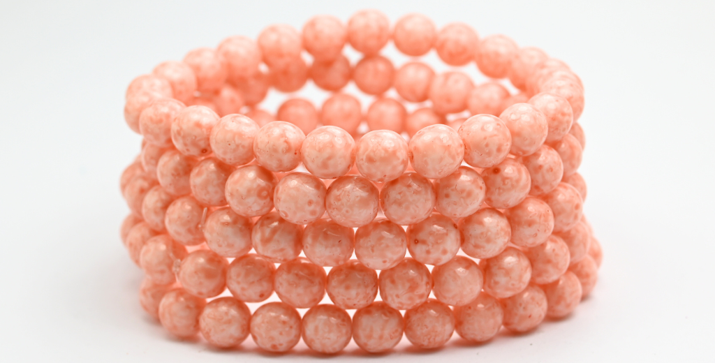 Round Pressed Glass Beads Druck, White Light Pink Peach (02010-34305), Glass, Czech Republic ~ STRANDED