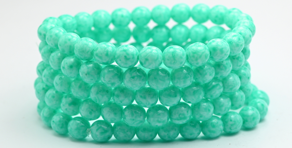 Round Pressed Glass Beads Druck, White Light Turquoise (02010-34309), Glass, Czech Republic ~ STRANDED