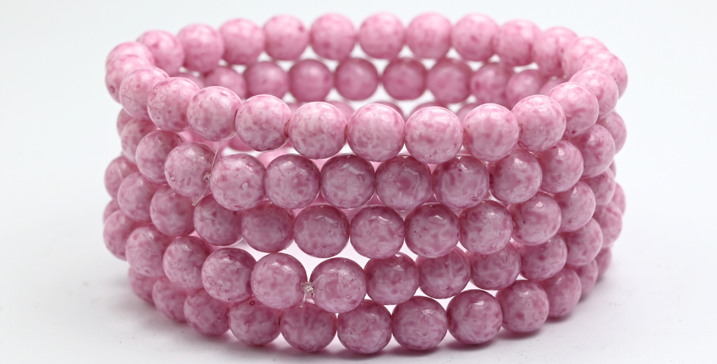 Round Pressed Glass Beads Druck, White Light Fuchsia Pink (02010-34306), Glass, Czech Republic ~ STRANDED