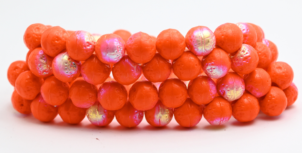 Round Orange Friut Pressed Glass Beads, Opaque Orange Ab (93130-AB), Glass, Czech Republic ~ STRANDED