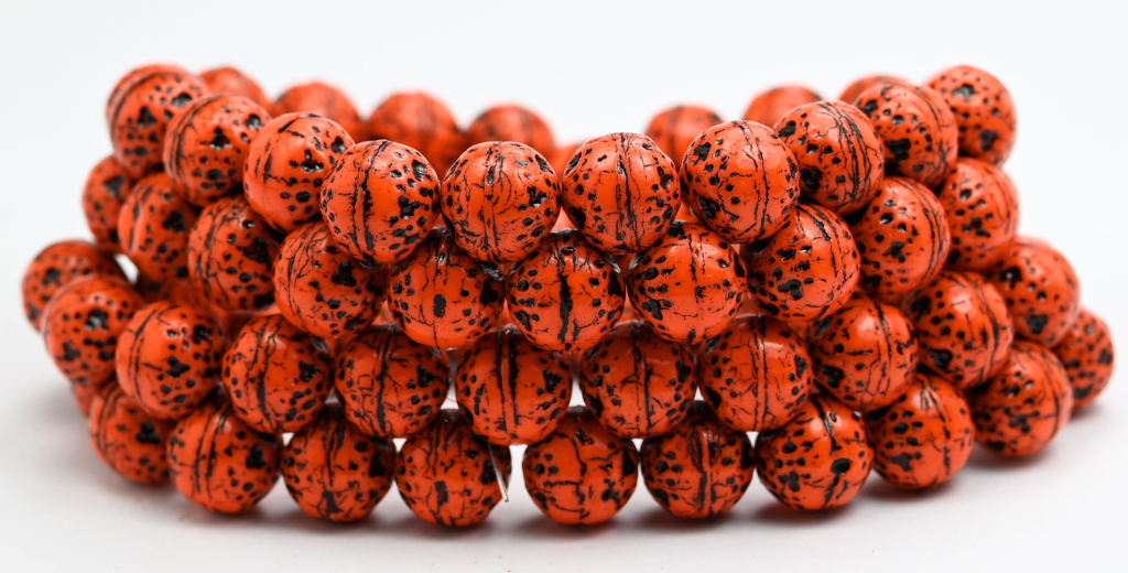 Round Orange Friut Pressed Glass Beads, Opaque Orange Black Lined (93130-54313), Glass, Czech Republic ~ STRANDED