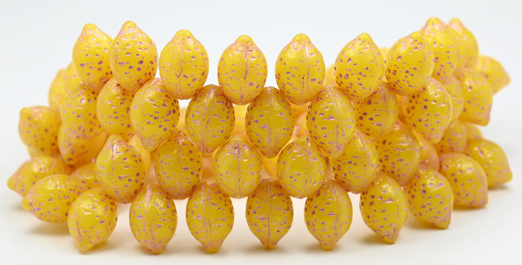Lemon Friut Pressed Glass Beads, Opal Yellow Pink Lined (81210-54321), Glass, Czech Republic ~ STRANDED