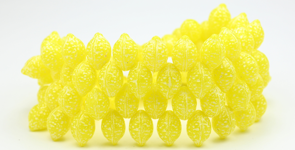 Lemon Friut Pressed Glass Beads, Opal Yellow Beige Lined (81210-54311), Glass, Czech Republic ~ STRANDED