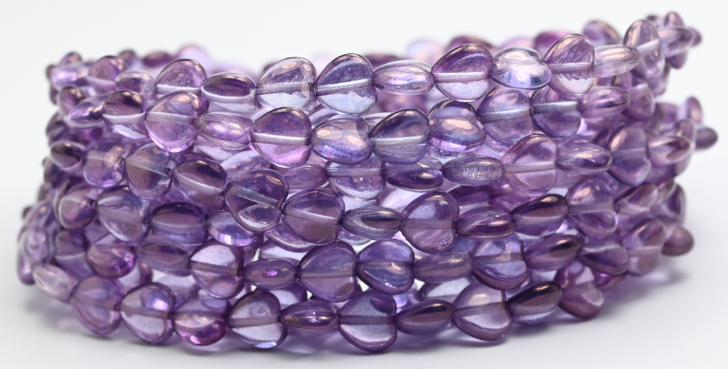Heart Pressed Glass Beads, Crystal Luster Lila (00030-14494), Glass, Czech Republic ~ STRANDED