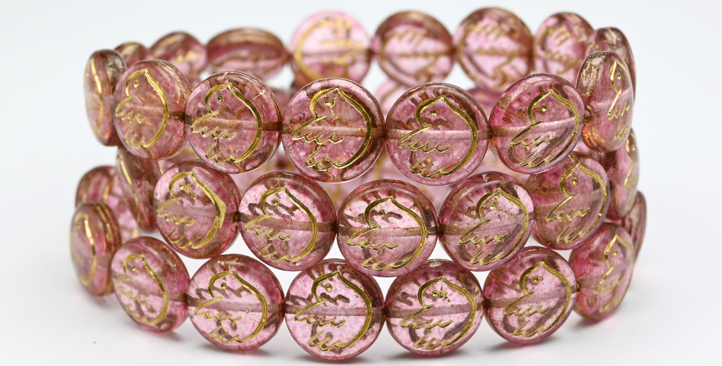 Round Flat Beads With Bird, Crystal Light Fuchsia Pink Gold Lined (14-00030-34306-54202), Glass, Czech Republic ~ STRANDED