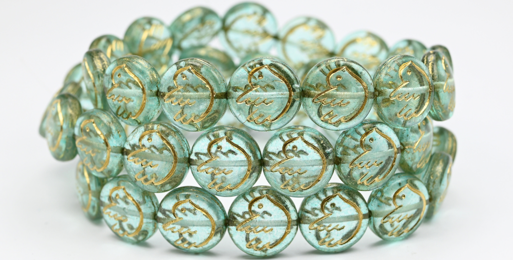 Round Flat Beads With Bird, Crystal Light Aqua Blue Gold Lined (14-00030-34308-54202), Glass, Czech Republic ~ STRANDED