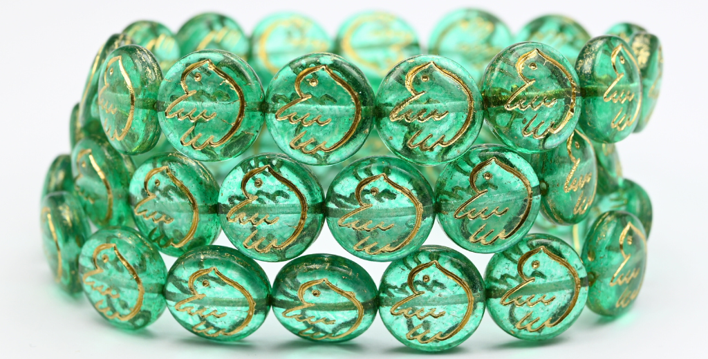 Round Flat Beads With Bird, Crystal Light Turquoise Gold Lined (14-00030-34309-54202), Glass, Czech Republic ~ STRANDED