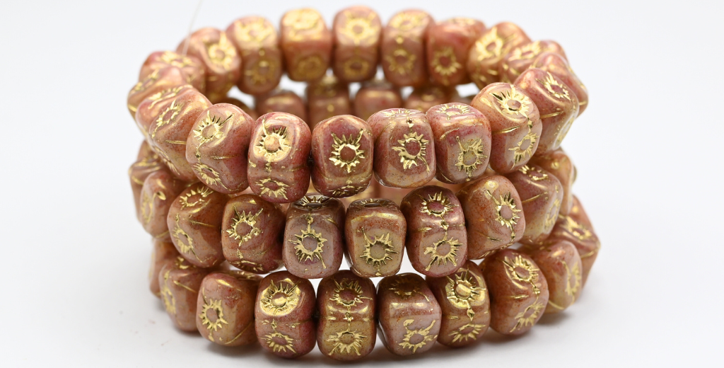 Flower In Cube Beads, White Luster Red Full Coated Gold Lined (98-02010-14495-54202), Glass, Czech Republic ~ STRANDED