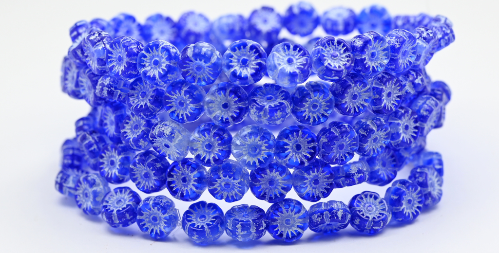 夏威夷花卉压花玻璃珠,透明蓝白内衬(3001008-54312),玻璃,捷克共和国 ~ 串珠