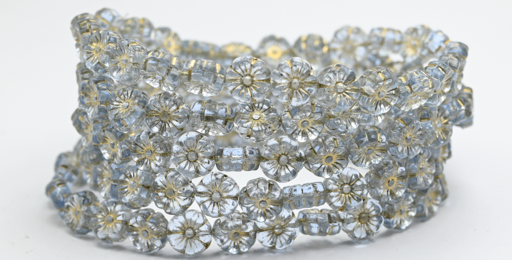 Hawaii Flower Pressed Glass Beads, Transparent Blue Gold Lined (30010-54202), Glass, Czech Republic ~ STRANDED