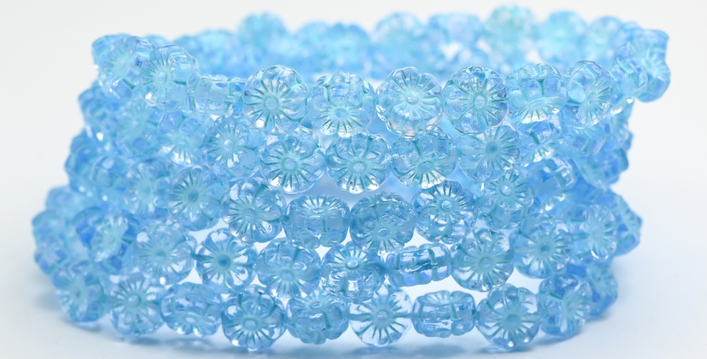 夏威夷花卉压花玻璃珠,透明蓝色,浅蓝色内衬(30010-54308),玻璃,捷克共和国 ~ 串珠