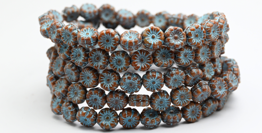Hawaii Flower Pressed Glass Beads, Mix Brown Crystal Light Blue Lined (16617-54308), Glass, Czech Republic ~ STRANDED