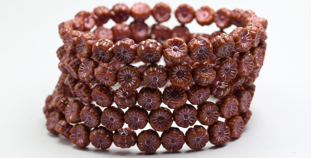 Hawaii Flower Pressed Glass Beads, Mix Brown Crystal Pink Lined (16617-54321), Glass, Czech Republic ~ STRANDED