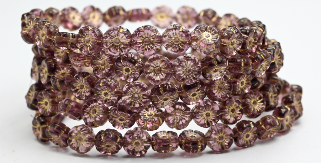 夏威夷花压制玻璃珠,透明浅紫水晶镀金 (2002004-54202),玻璃,捷克共和国 ~ STRANDED