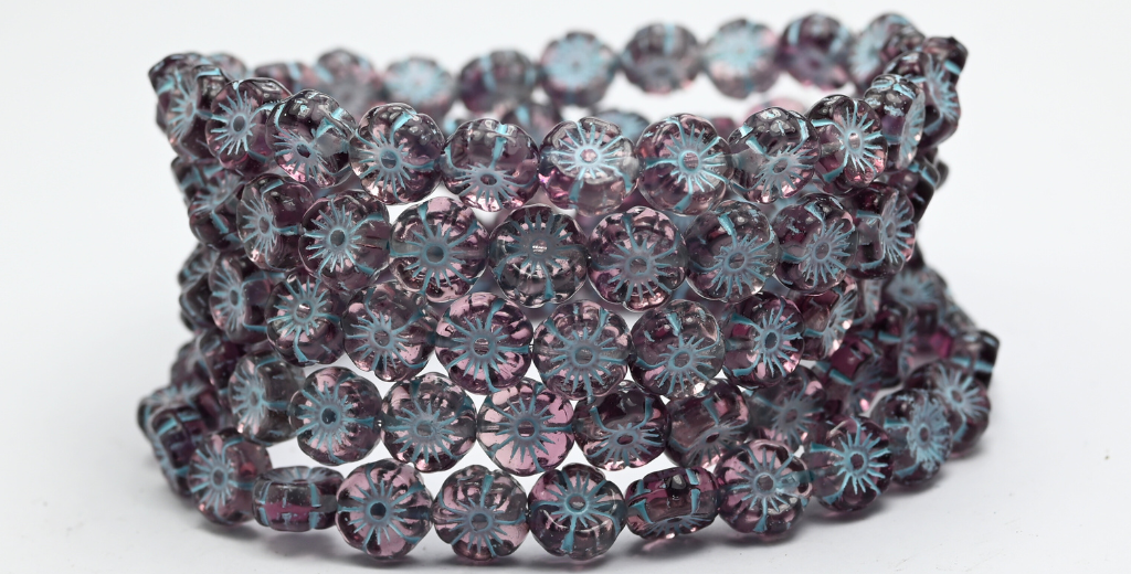 Hawaii Flower Pressed Glass Beads, Transparent Light Amethyst Light Blue Lined (2002008-54308), Glass, Czech Republic ~ STRANDED