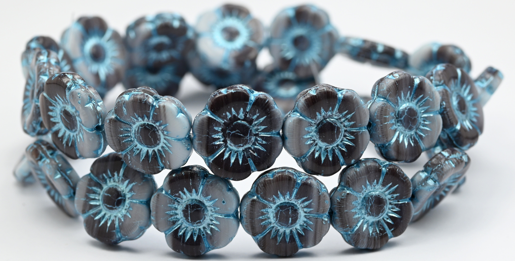 Round Flat Flower Pressed Glass Beads, 15014 Blue Lined (18-15014-54323), Glass, Czech Republic ~ STRANDED