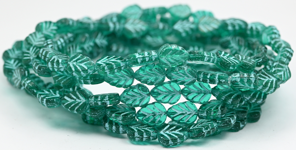 Lilac Leaf Pressed Glass Beads, Transparent Green Emerald Light Blue Lined (50720-54308), Glass, Czech Republic ~ STRANDED