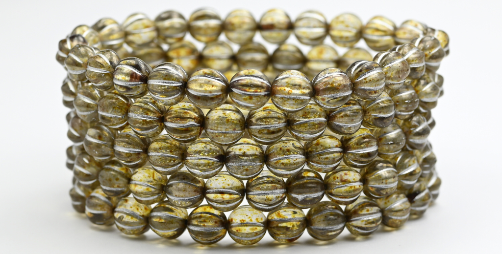 Melon Round Pressed Glass Beads With Stripes, Crystal Travertin Silver Lined (00030-86-54201), Glass, Czech Republic ~ STRANDED