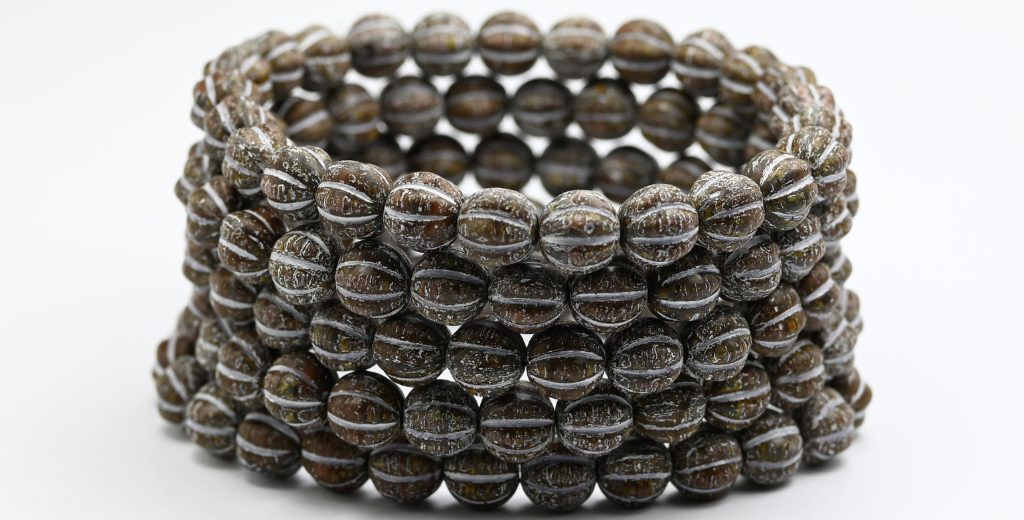 メロンラウンドプレスガラスビーズストライプ、不透明ブラウントラバーチンホワイトライン(13600-86-46401)、ガラス、チェコ共和国〜STRANDED