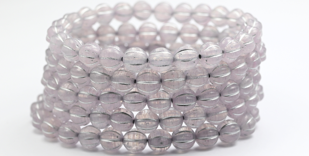 Melon Round Pressed Glass Beads With Stripes, 8701 Silver Lined (08701-54201), Glass, Czech Republic ~ STRANDED