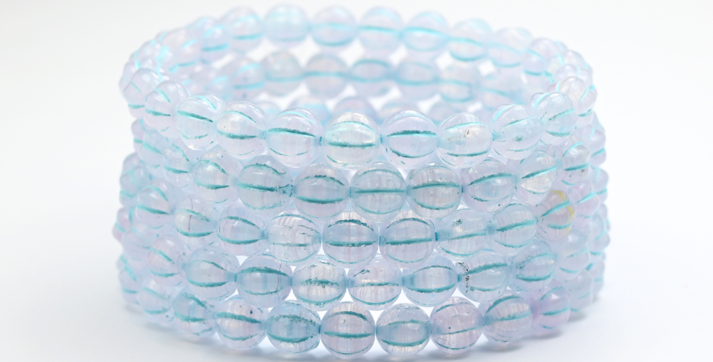 Melon Round Pressed Glass Beads With Stripes, 8701 Light Blue Lined (08701-54308), Glass, Czech Republic ~ STRANDED