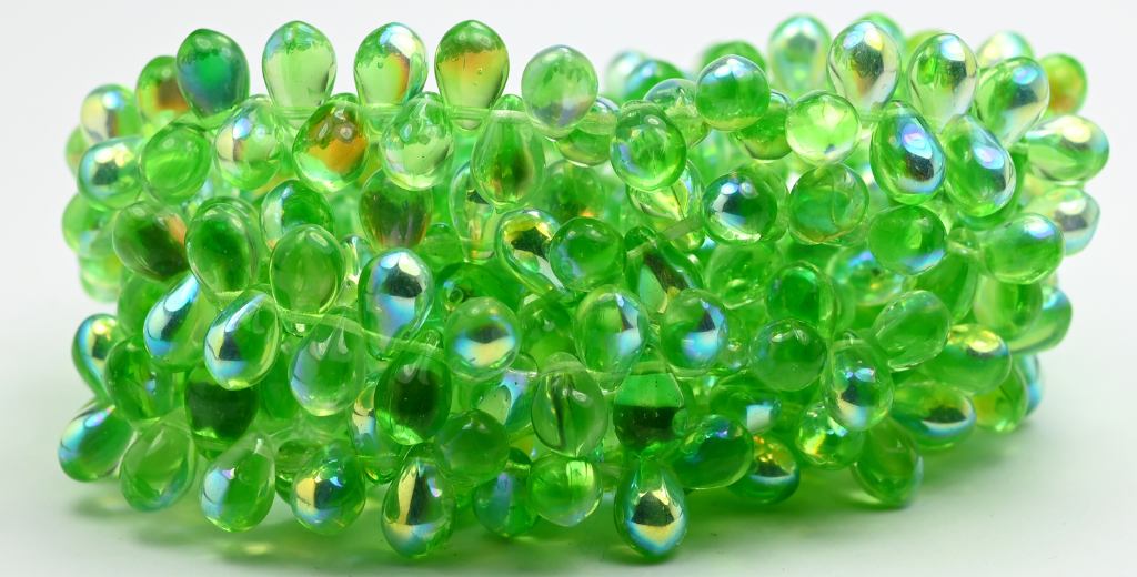 Pear Teardrop Pressed Glass Beads, Transparent Green Ab (50010-AB), Glass, Czech Republic ~ STRANDED