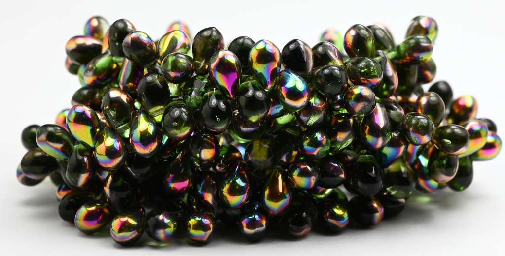 Pear Teardrop Pressed Glass Beads, Transparent Green Vitex (50010-VITEX), Glass, Czech Republic ~ STRANDED