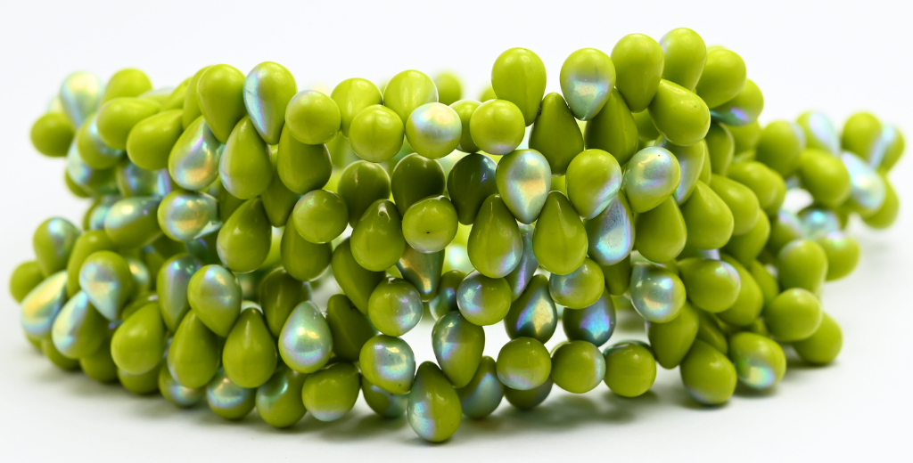 Pear Teardrop Pressed Glass Beads, Opaque Green Ab (53400-AB), Glass, Czech Republic ~ STRANDED