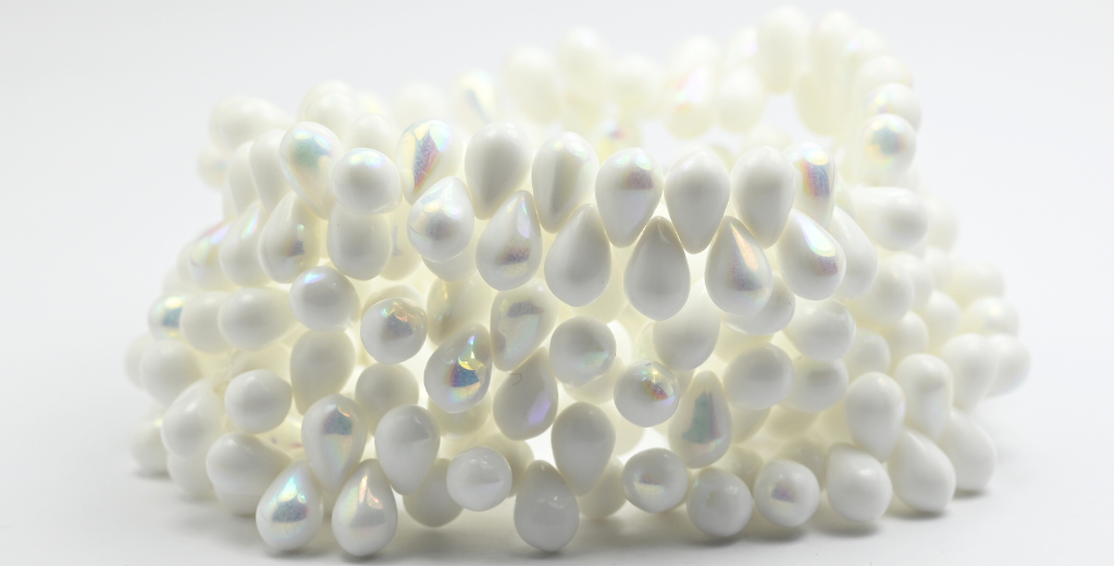 梨形水滴压制玻璃珠,白色 AB (02010-AB),玻璃,捷克共和国 ~ 串珠