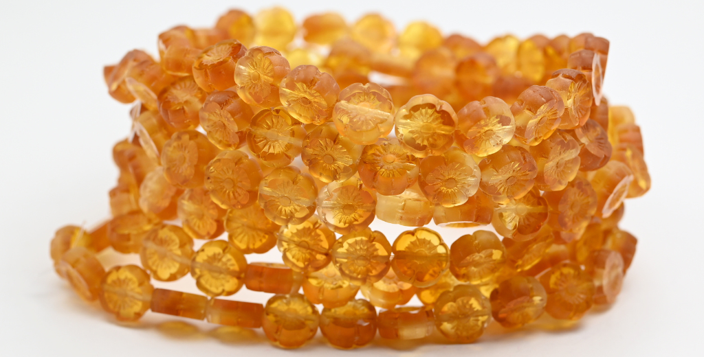 テーブルカットラウンドビーズハワイアンフラワー、透明ライトトパーズイエローBラスタークリーム(1002008-B-14401)、ガラス、チェコ共和国〜STRANDED