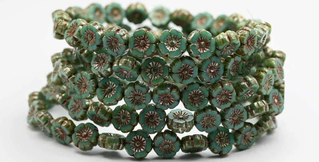 テーブルカットラウンドビーズハワイアンフラワー、ターコイズピカソ(63120-43400)、ガラス、チェコ共和国~STRANDED