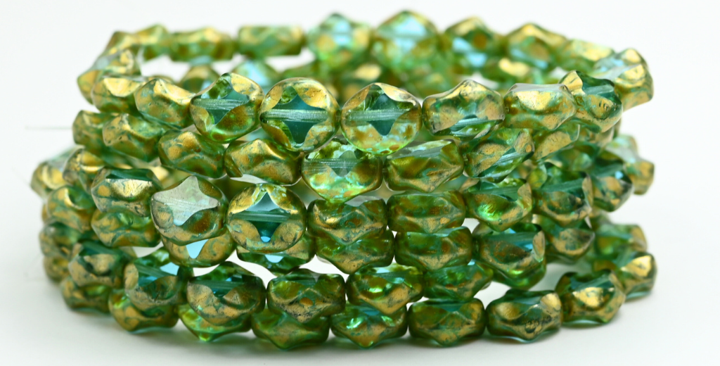 テーブルカットオーバルビーズ、透明アクアゴールドスプラッシュ(60010-86720)、ガラス、チェコ共和国~STRANDED