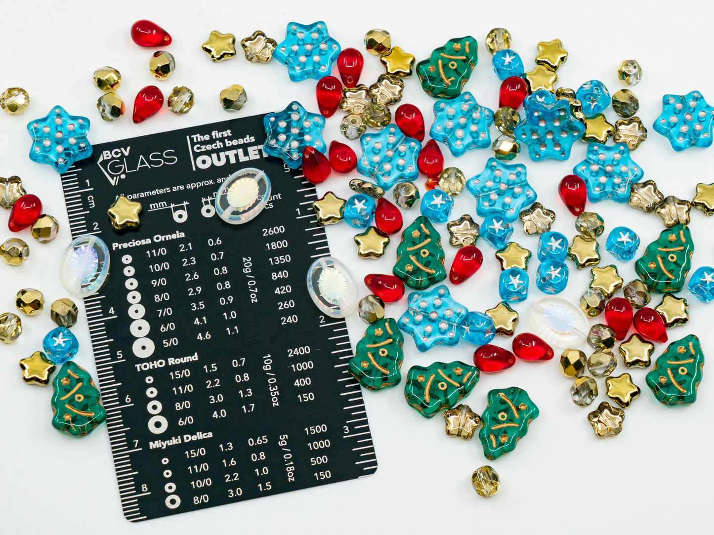 クリスマスチェコガラスビーズミックス2025、ツリー、ティアドロップ、スノーフレーク、ファセットビーズ付き、XMAS 2025