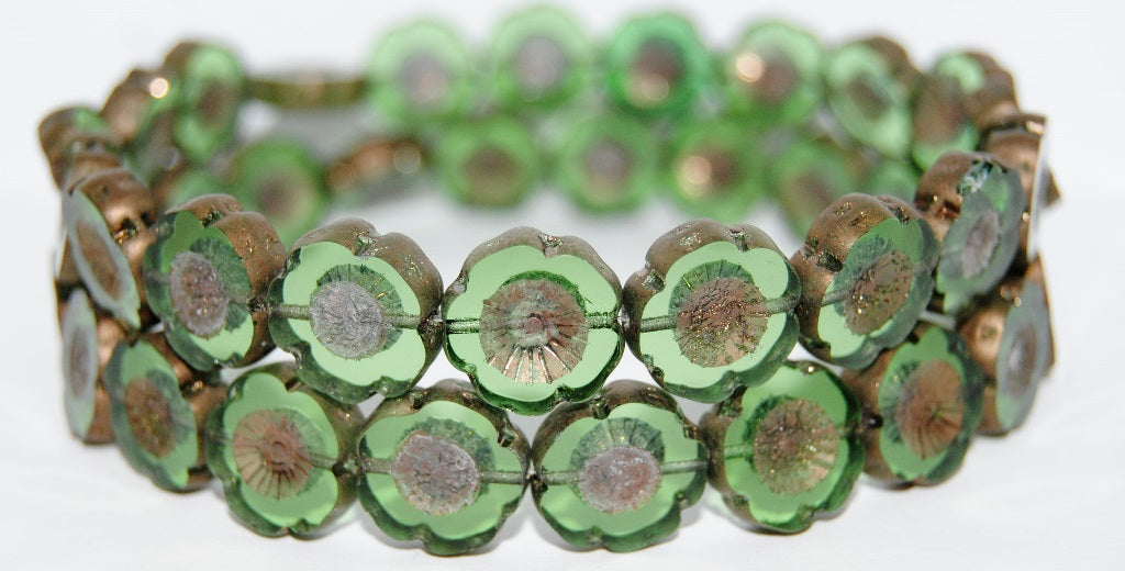 Table Cut Round Beads Hawaii Flowers, Transparent Green Bronze (50220 14415), Glass, Czech Republic