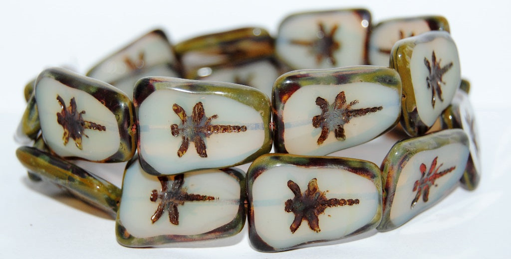 Table Cut Rectangle Beads With Dragonfly, 14010 Travertin (14010 86800), Glass, Czech Republic